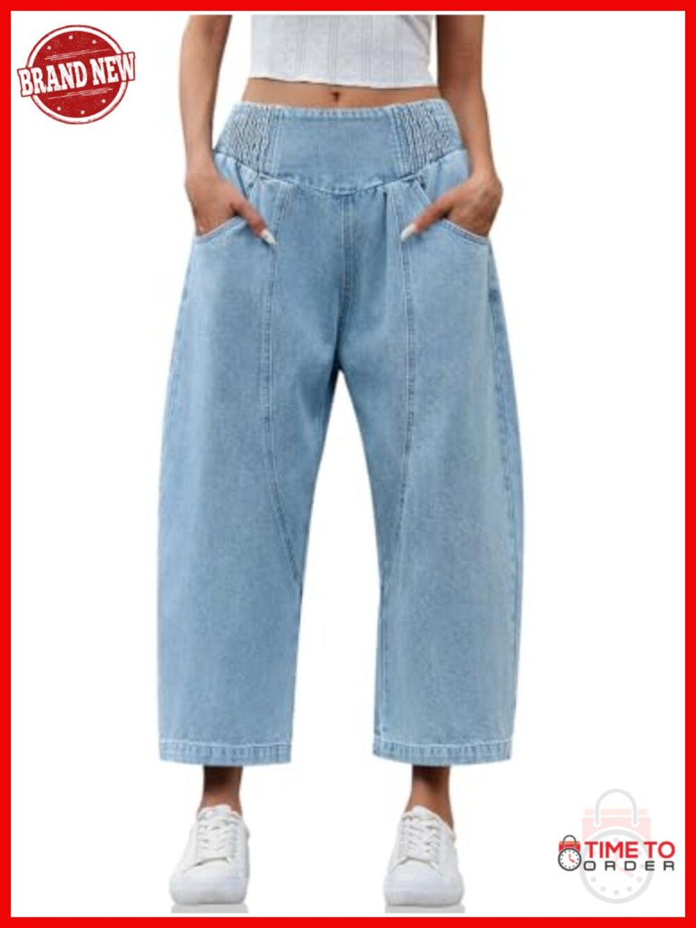 Wide Leg Cropped Baggy Jeans Smocked Mid Rise Harem Denim Pants